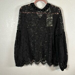 La Bellum Black Lace Blouse Velvet Trim with Stud Details Career Size XL NWT